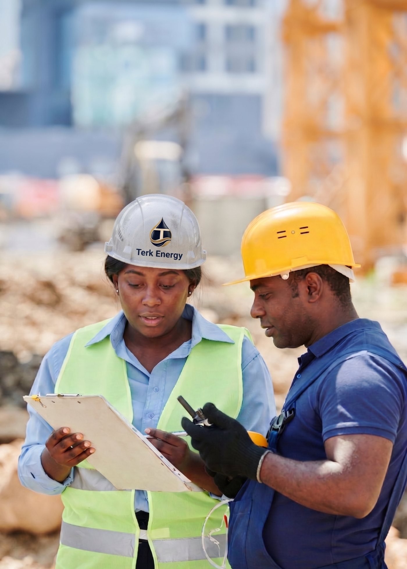 Two Terk Energy workers in personal protective equipment reviewing a checklist on site.